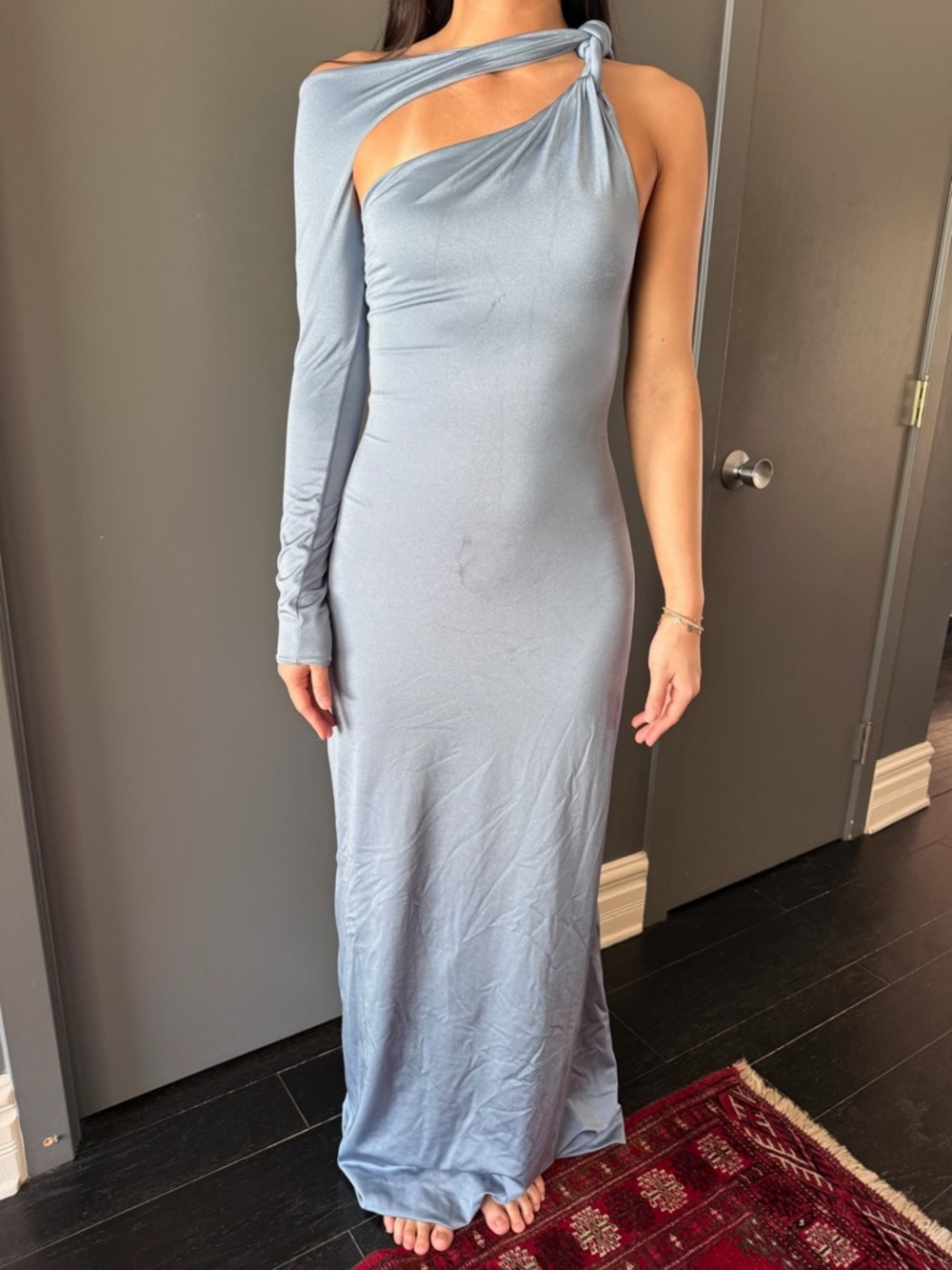 One-Shoulder Maxi Dress with Twist Knot in Light Blue